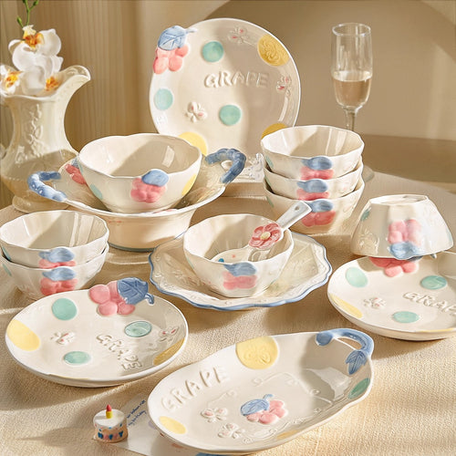 Cute Cartoon Underglaze Ceramic Dinnerware Set – High-Quality Bowl & Plate Set with Soup Bowl, Ramen Bowl and Spoon | Home Kitchen Tableware Gift Set