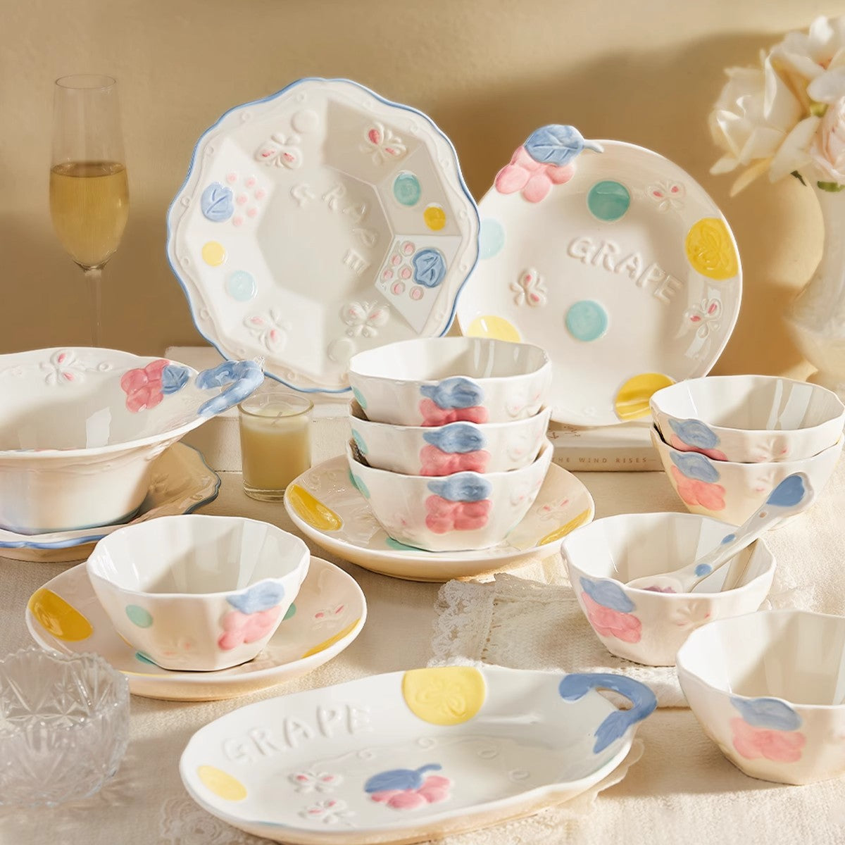 Cute Cartoon Underglaze Ceramic Dinnerware Set – High-Quality Bowl & Plate Set with Soup Bowl, Ramen Bowl and Spoon | Home Kitchen Tableware Gift Set